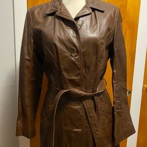 Retro Brown leather button down jacket with leather belt.